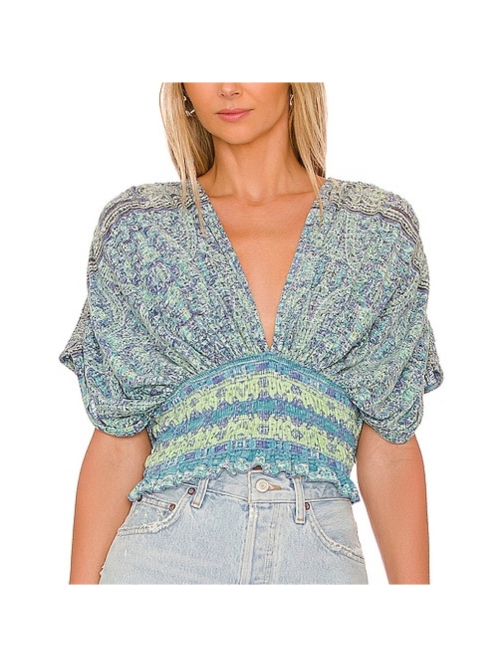 Free People Next Vacation Smocked V-Neck Top, Aqua Combo